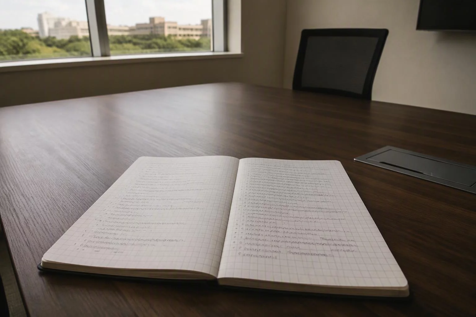 Caderno aberto com a matriz de decisões desenhada em duas colunas