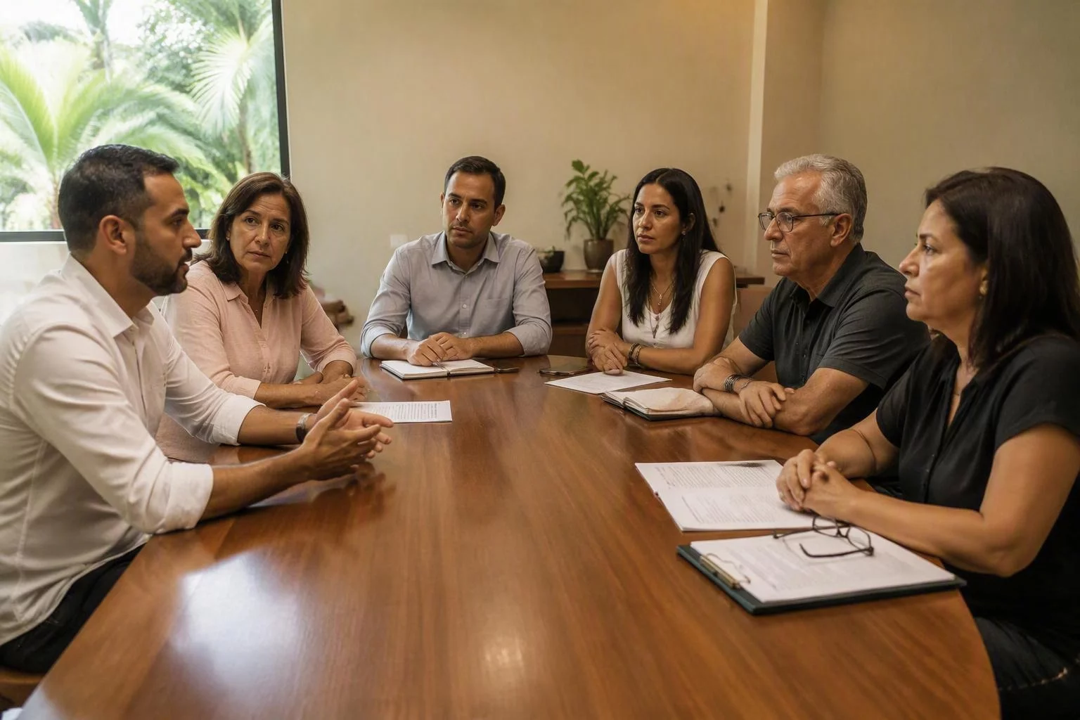 Sócios de duas famílias sentados dos dois lados de uma mesa comprida
