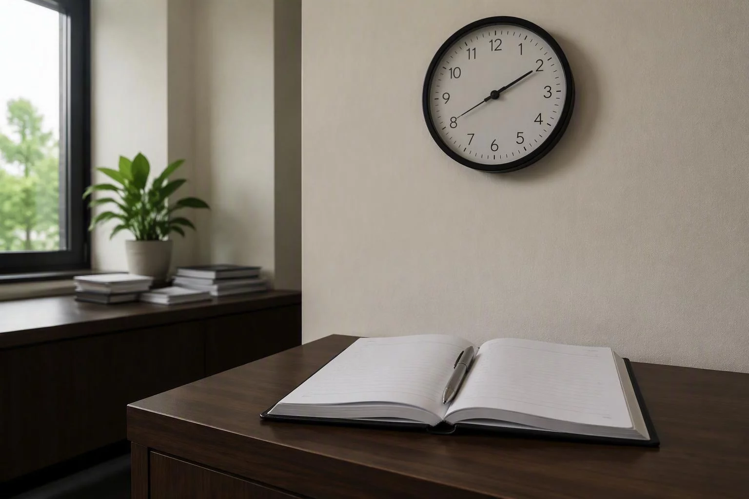 Relógio de parede simples acima de uma agenda de mesa aberta